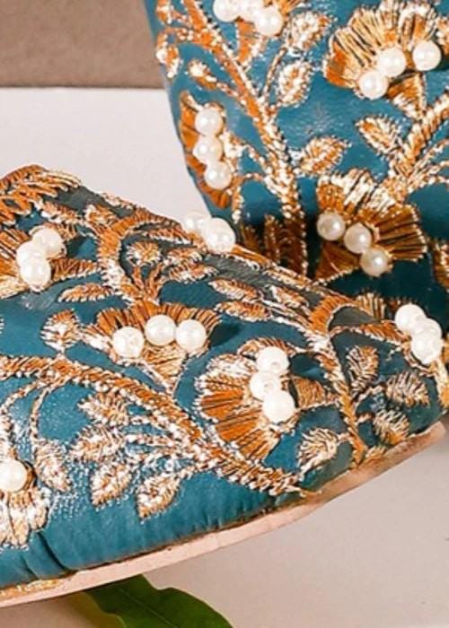 Womens Ethnic Footwear - Blue Silk Khussa