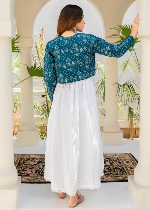 Modern White Pishwas - Maxi Dress with Embroidered Bolero  (Koti) - Large