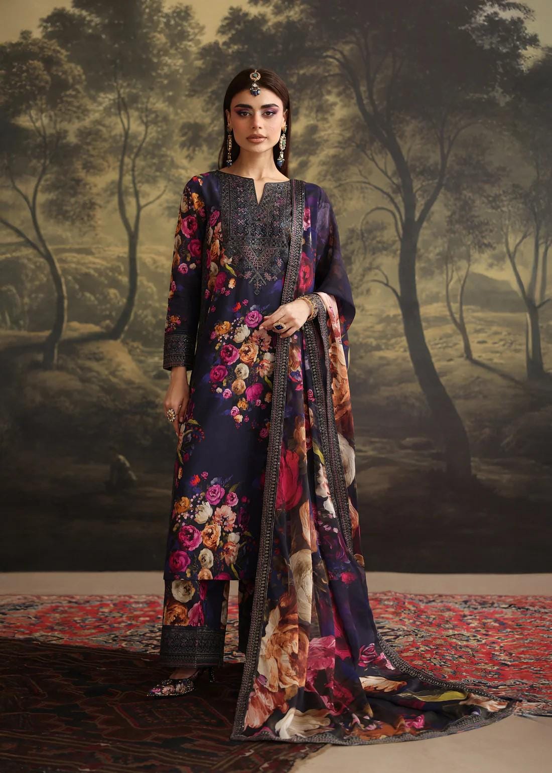 Embroidered Lawn Suit with Palazzo Pants & Silk Dupatta - Purple