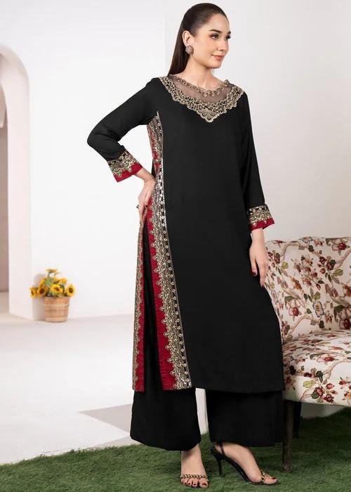 2 piece - Embroidered Lawn Suit - Black and Red