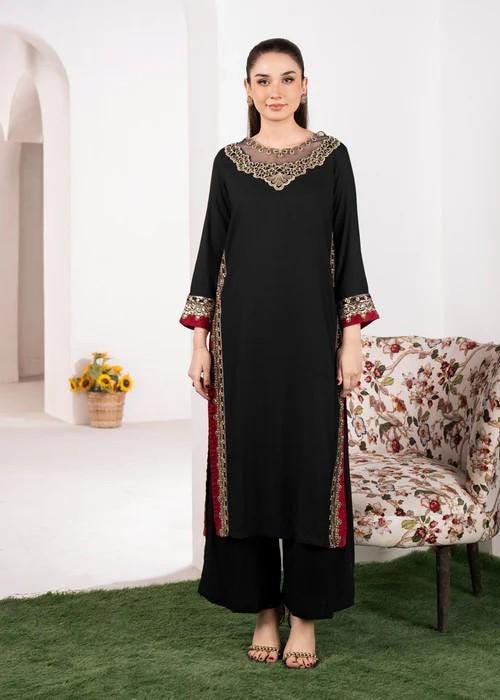 2 piece - Embroidered Lawn Suit - Black and Red