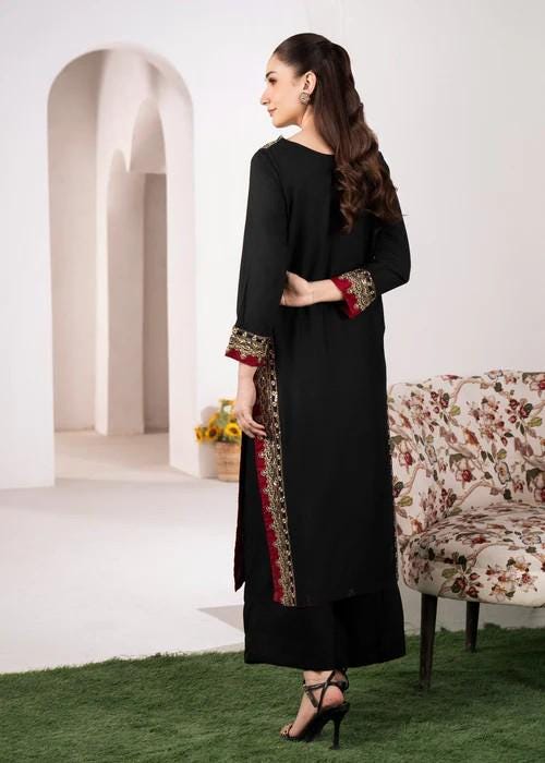 2 piece - Embroidered Lawn Suit - Black and Red