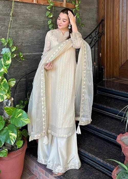 Embroidered Chiffon and Raw Silk Palazzo Designer Suit with Organza Dupatta - 3 Piece