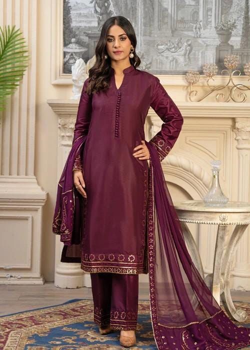 Golden Embroidered Kattan Silk Suit - Plum - Chiffon Dupatta
