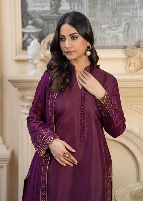 Golden Embroidered Kattan Silk Suit - Plum - Chiffon Dupatta
