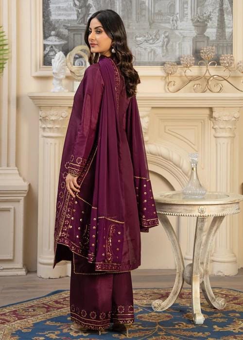 Golden Embroidered Kattan Silk Suit - Plum - Chiffon Dupatta