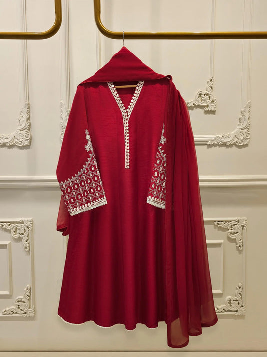 Agha Noor 3 Piece Pure Silk Embroidered Suit - Chiffon Dupatta