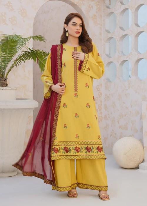3 piece - Pakistani Designer Cross Stitched Embroidered Palazzo Cotton Suit - Chiffon Dupatta