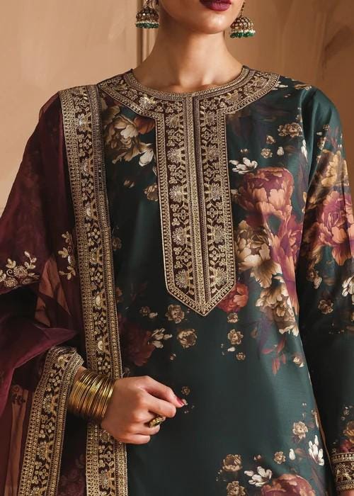 Embroidered Lawn Suit with Palazzo Pants & Silk Dupatta - Dark Green