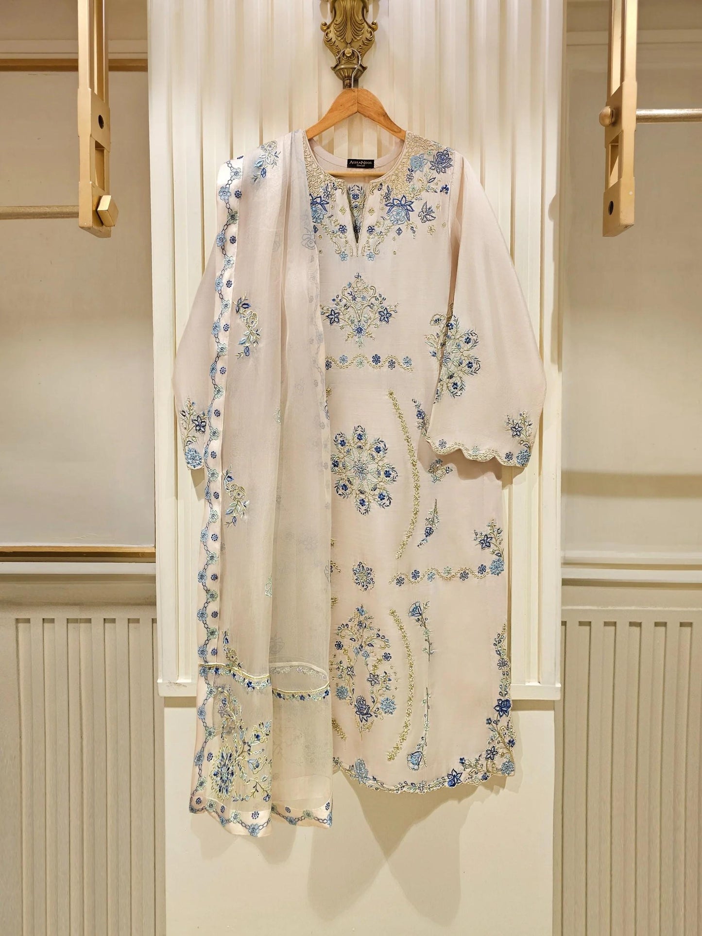 Agha Noor 3 Piece -  Pure Khaadi Silk Embroidered Suit - Off White