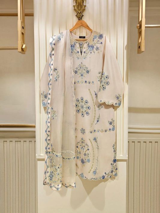 Agha Noor 3 Piece -  Pure Khaadi Silk Embroidered Suit - Off White