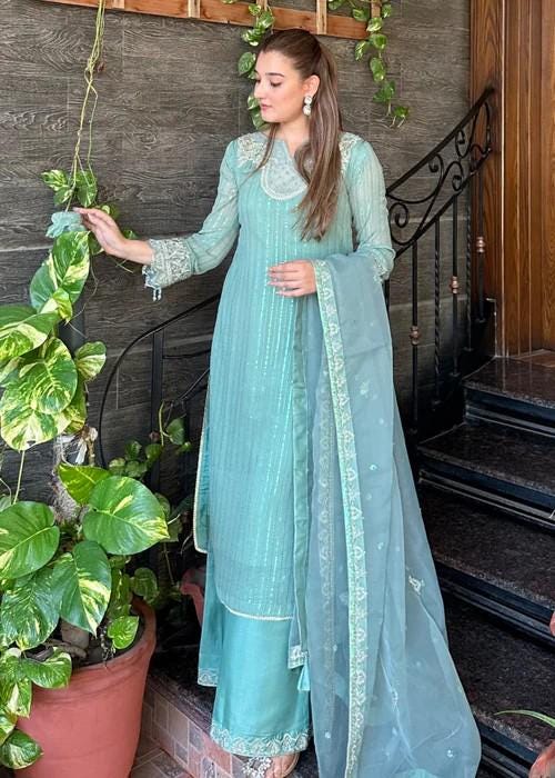 Embroidered Chiffon and Raw Silk Palazzo Designer Suit with Organza Dupatta - 3 Piece
