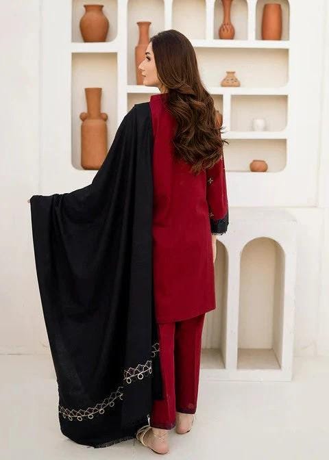 3 piece - Aari Stitched Resham Embroidery Khaddar (Khadi) Suit - Linen Shawl