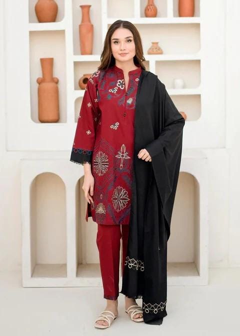 3 piece - Aari Stitched Resham Embroidery Khaddar (Khadi) Suit - Linen Shawl