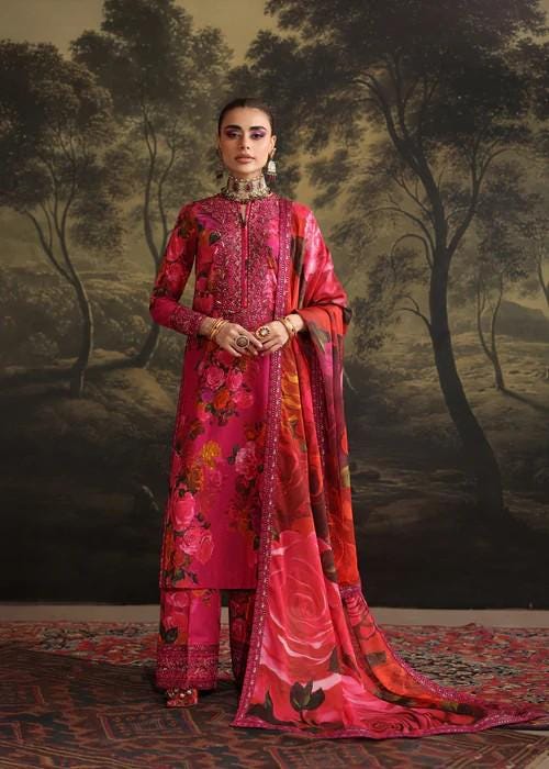 Embroidered Lawn Suit: Palazzo Pants & Silk Dupatta - 3 Piece