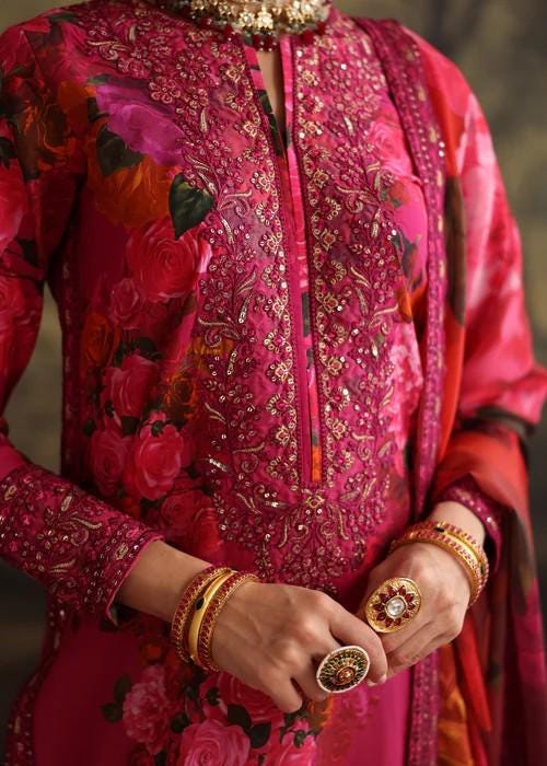 Embroidered Lawn Suit: Palazzo Pants & Silk Dupatta - 3 Piece