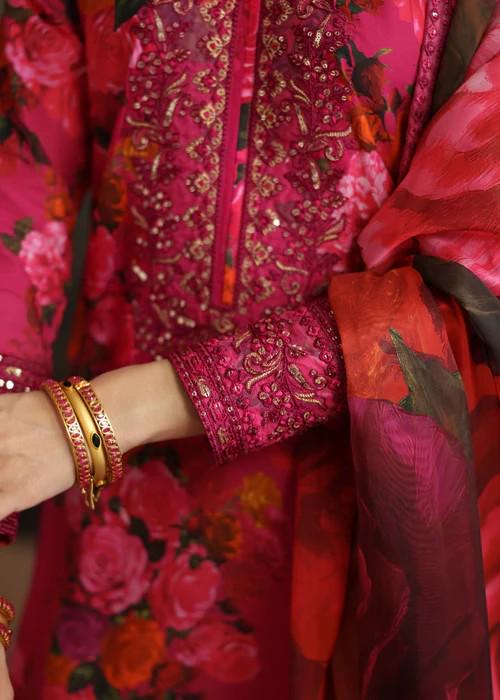 Embroidered Lawn Suit: Palazzo Pants & Silk Dupatta - 3 Piece
