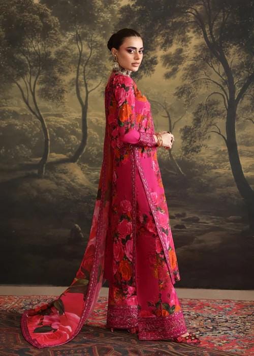 Embroidered Lawn Suit: Palazzo Pants & Silk Dupatta - 3 Piece