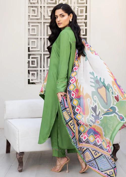 Embroidered Linen Suit with Silk Dupatta - Green