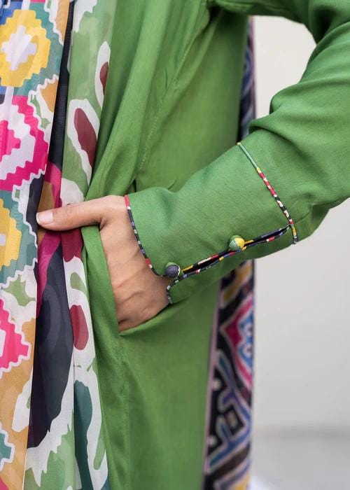 Embroidered Linen Suit with Silk Dupatta - Green