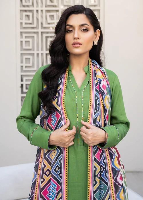 Embroidered Linen Suit with Silk Dupatta - Green
