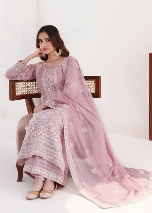 3 Piece Heavily Embroidered Chiffon Suit - Raw Silk Pants