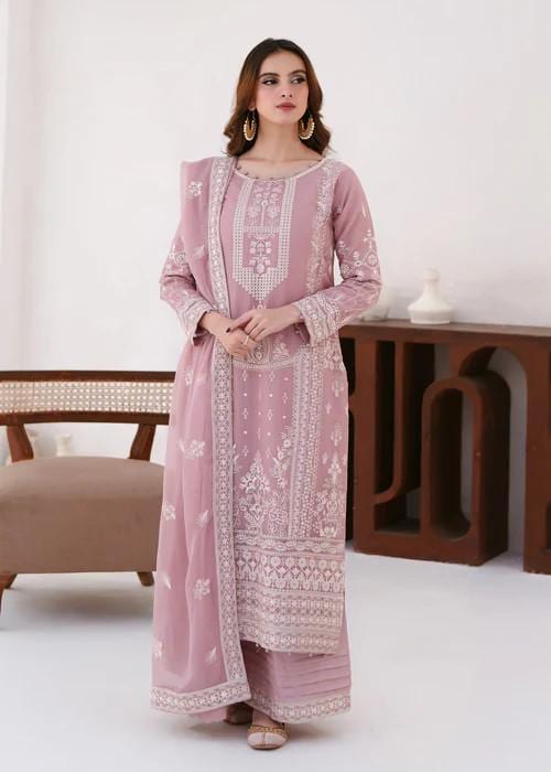 3 Piece Heavily Embroidered Chiffon Suit - Raw Silk Pants