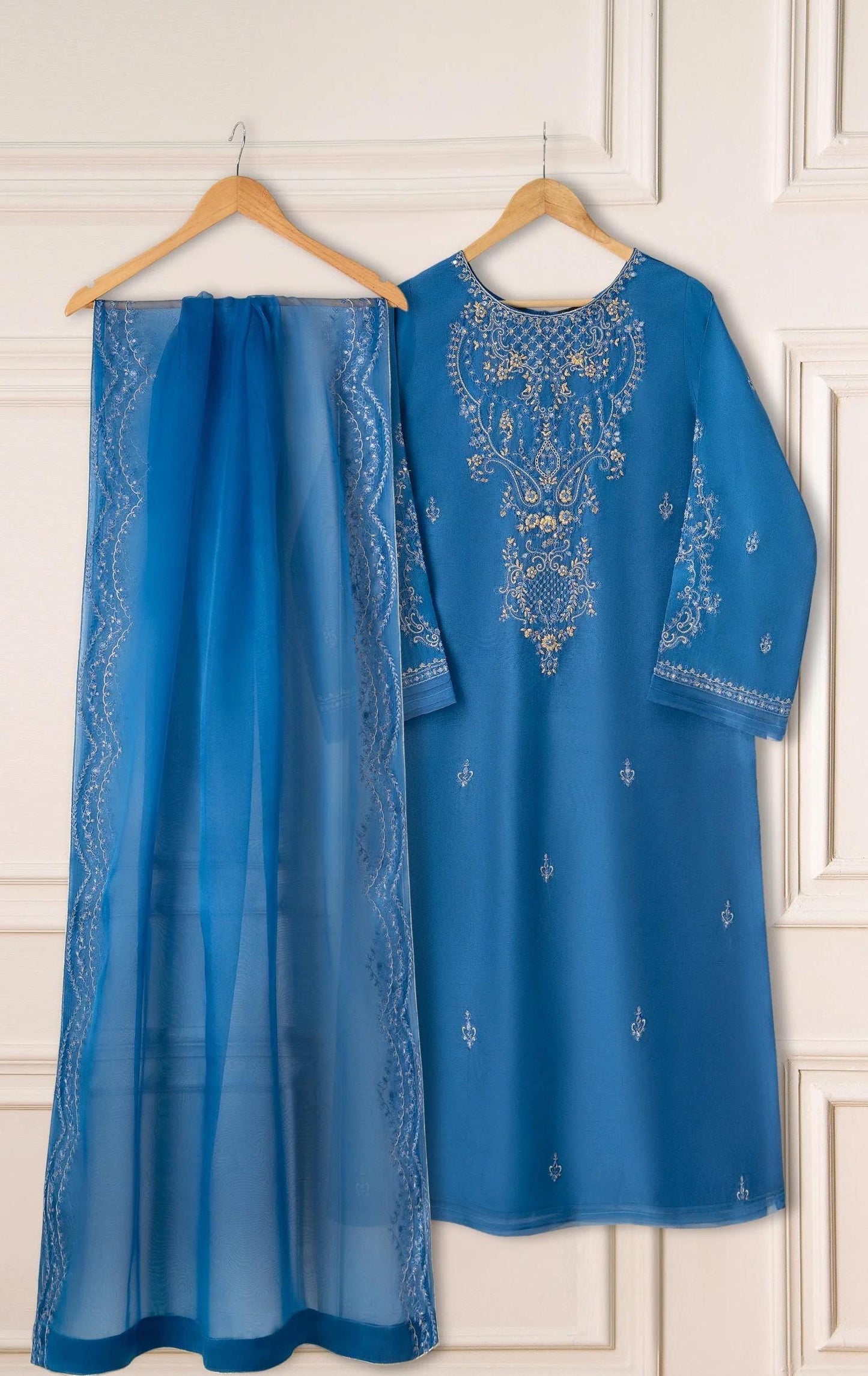 Aghanoor 3 piece - Pure Raw Silk Embroidered Suit - Size Medium -Electric Blue