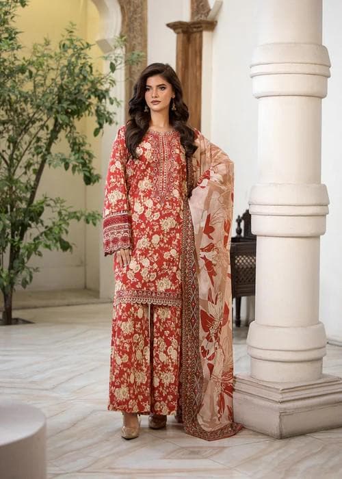 3 Piece Floral Embroidered Lawn Suit - Rust Color