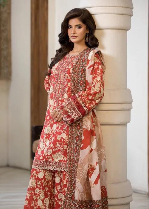 3 Piece Floral Embroidered Lawn Suit - Rust Color