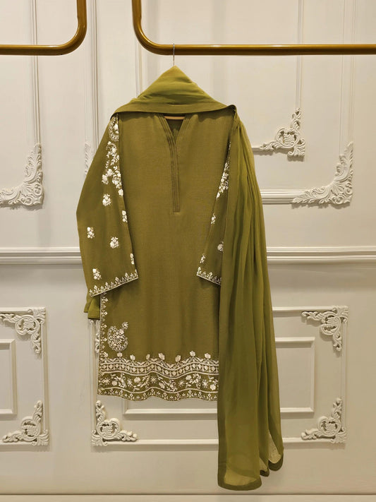 Agha Noor 3 Piece Pure Cotton Net Embroidered Suit - Raw Silk Pants & Chiffon Dupatta