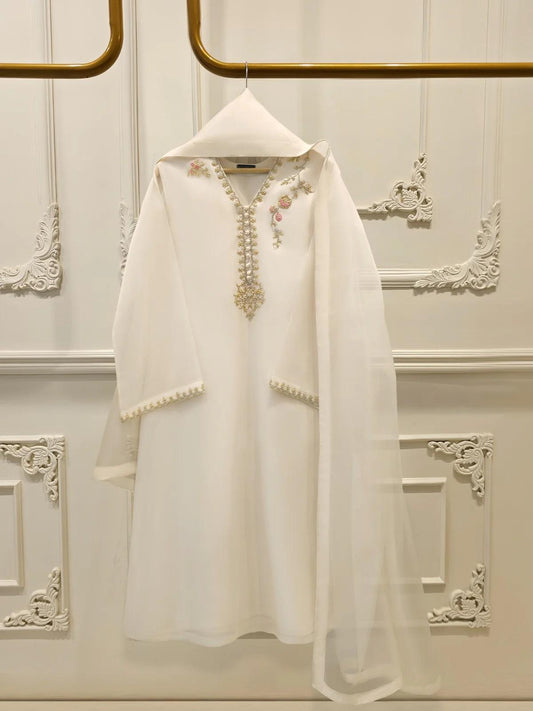 Agha Noor 3 Piece Pure Organza Embroidered Suit - White