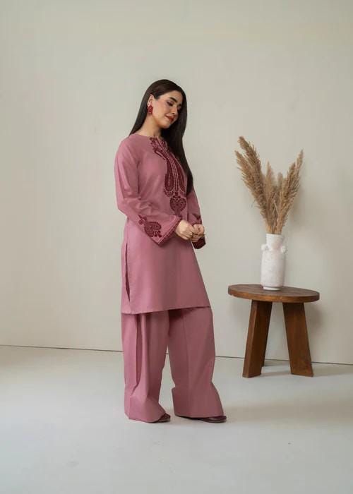 2 piece - Embroidered Farshi Shalwar Suit - Winter Wear - Tea Rose Pink