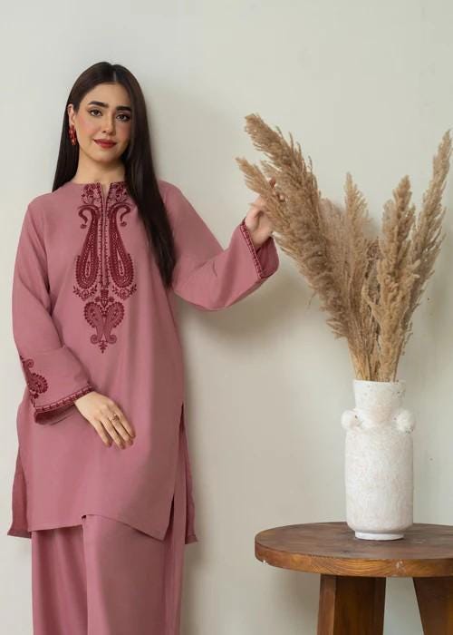 2 piece - Embroidered Farshi Shalwar Suit - Winter Wear - Tea Rose Pink