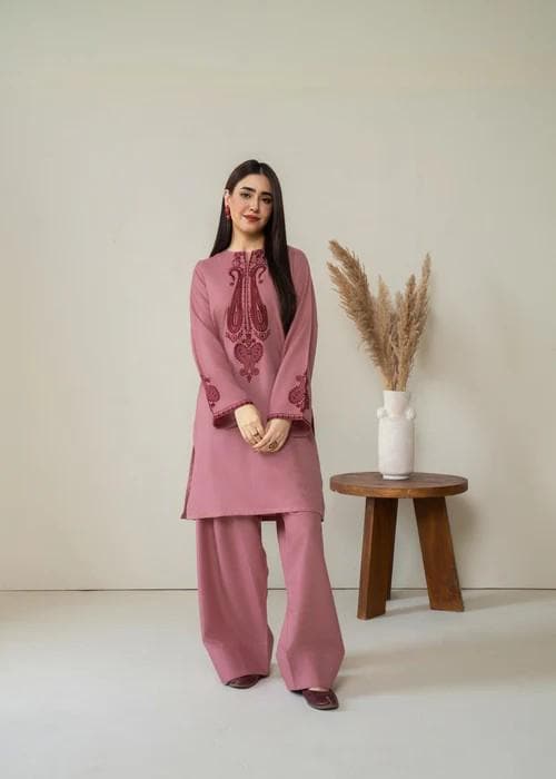 2 piece - Embroidered Farshi Shalwar Suit - Winter Wear - Tea Rose Pink
