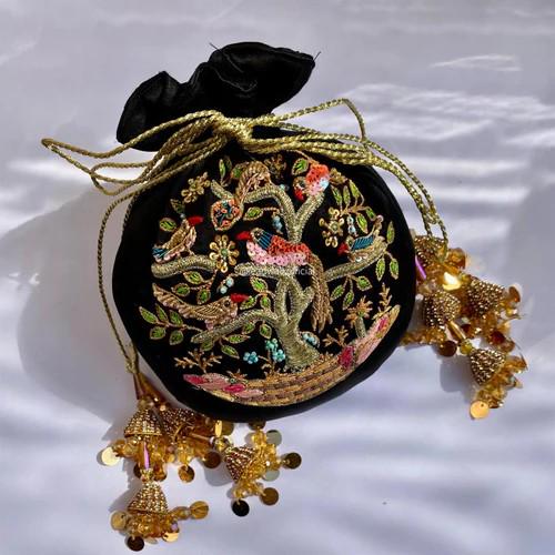 Beautiful Handmade Velvet Potli Bag for Weddings and Parties - Chamki and Zari Embroidery