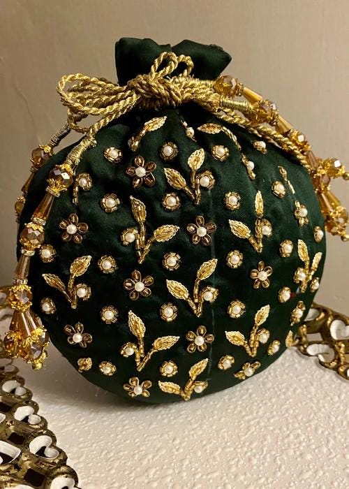 Handmade Silk Potli Bag with Zardosi and Pearls Embroidery - Bottle Green