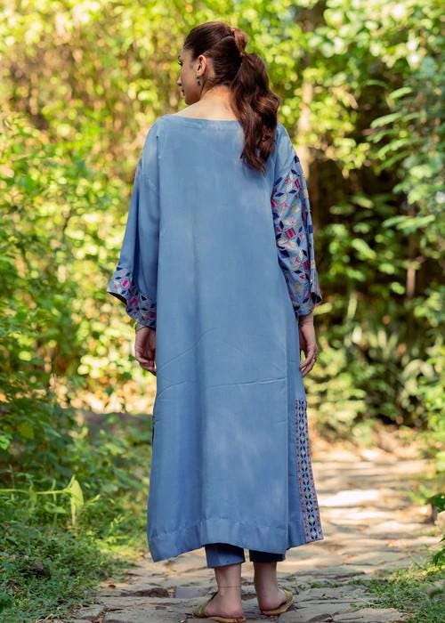 Embroidered Blue Viscose Kaftan Dress - Size Small