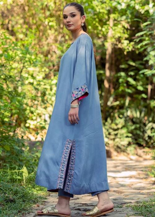 Embroidered Blue Viscose Kaftan Dress - Size Small