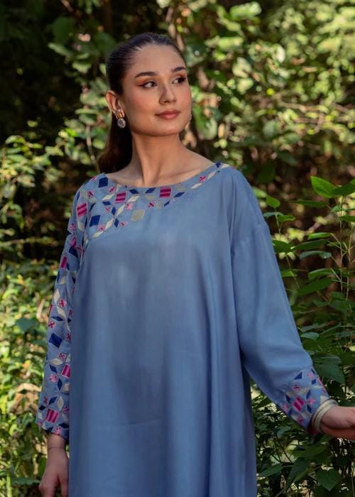 Embroidered Blue Viscose Kaftan Dress - Size Small