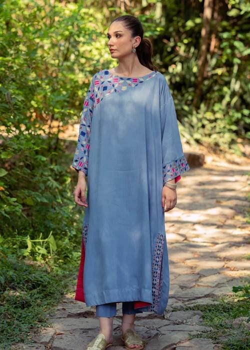 Embroidered Blue Viscose Kaftan Dress - Size Small