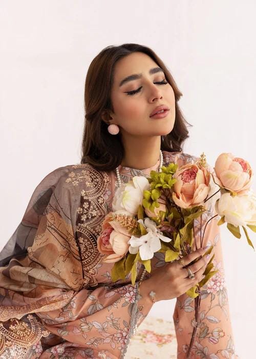Schiffli Embroidered Lawn Designer Suit with Manaar Dupatta (Size Chart Enclosed)
