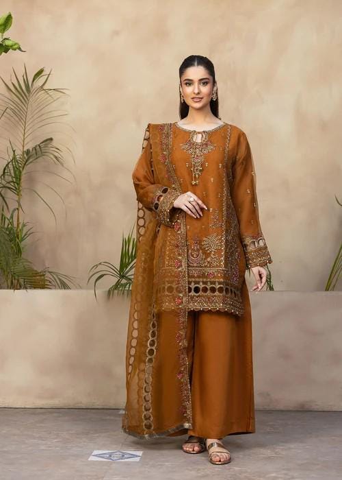 Embroidered Organza and Raw Silk Palazzo Designer Suit - 3 Piece