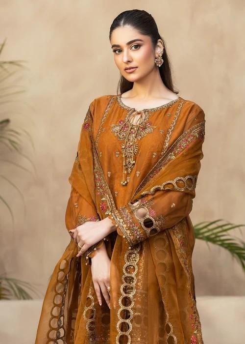 Embroidered Organza and Raw Silk Palazzo Designer Suit - 3 Piece