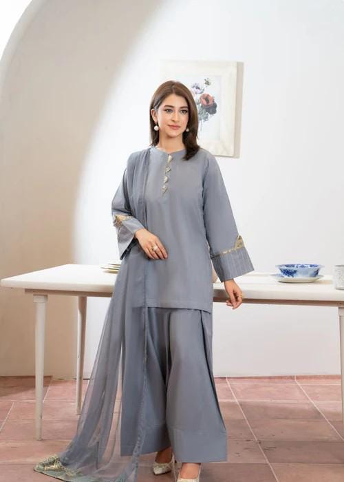 Raw Silk Farshi Shalwar Suit - Ash Grey - 3 Piece