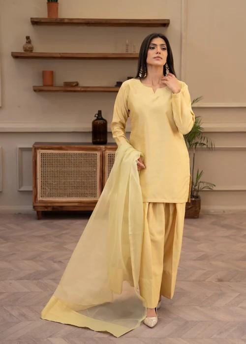 Raw Silk Farshi Shalwar Suit - Marigold - 3 Piece