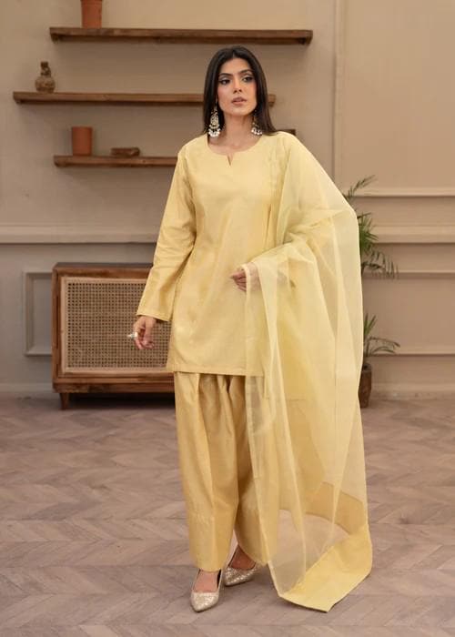 Raw Silk Farshi Shalwar Suit - Marigold - 3 Piece