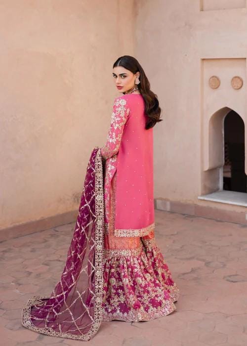 XXL Heavily Embroidered Party Wear Chiffon Gharara in Coral Pink -Matching Potli bag included