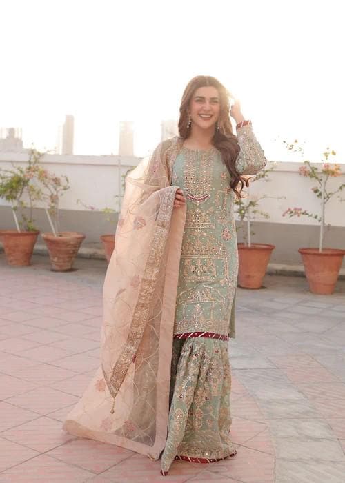 Heavily Embroidered Party Wear Chiffon Gharara - 4 Piece (with Potli bag)