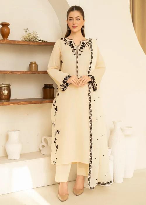 3 piece - Pakistani Designer Lawn Suit - Cream Color